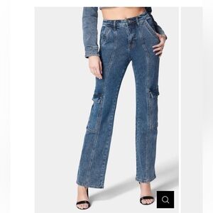 Natural Waist Wide Leg Cargo Denim Jeans